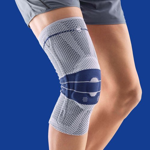 Produktbild der Bauerfeind GenuTrain Kniebandage, welche das Kniegelenk entlastet, stabilisiert und aktiviert.
